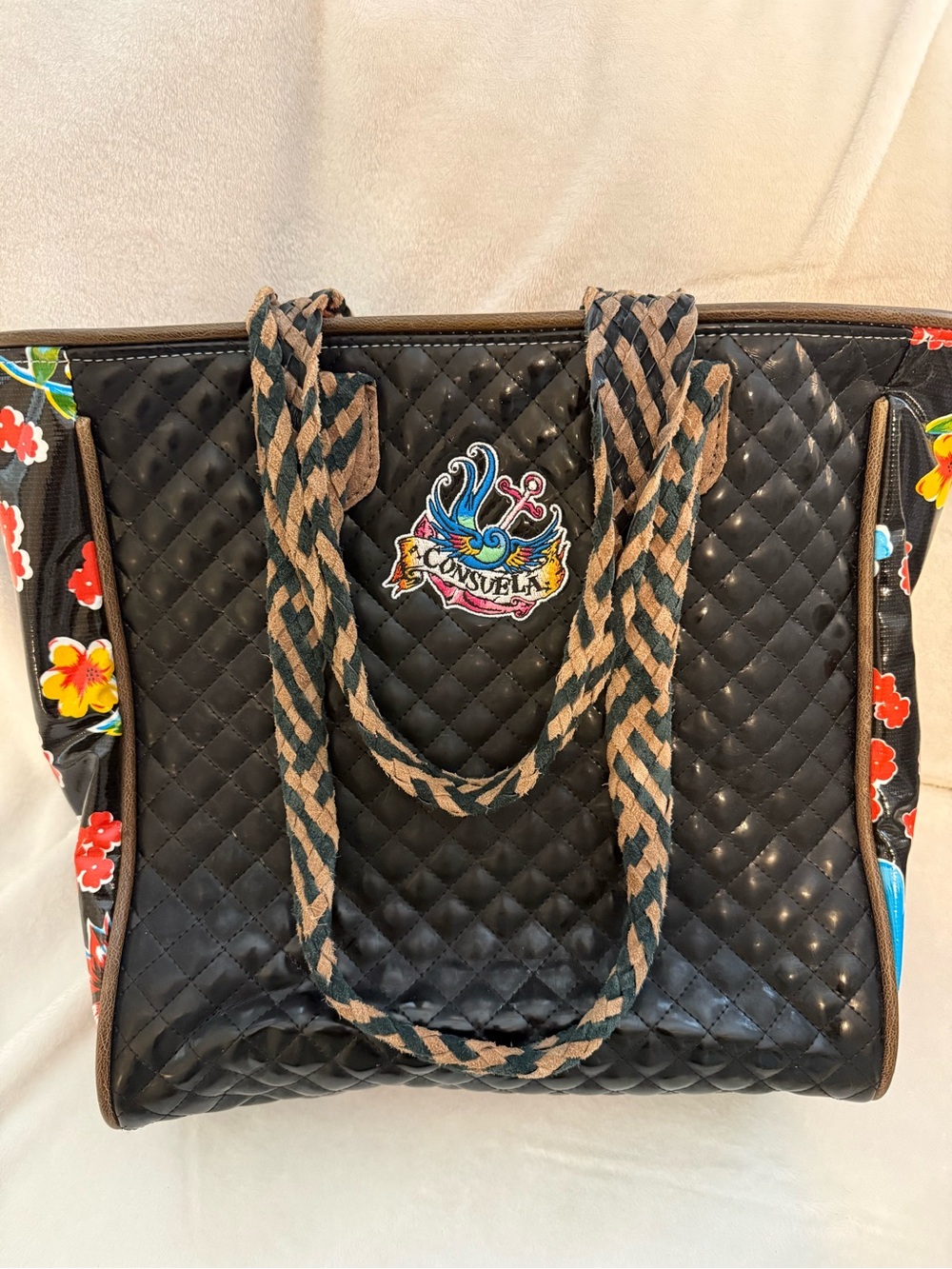 Consuela Vintage Black Tote with Bright Floral interior & sides, inside pocket - Picture 3 of 12